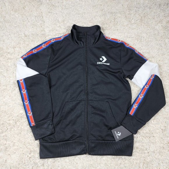 Converse Jacket Boys Medium Black Track Full Zip Logo Long Sleeve - Picture 1 of 10